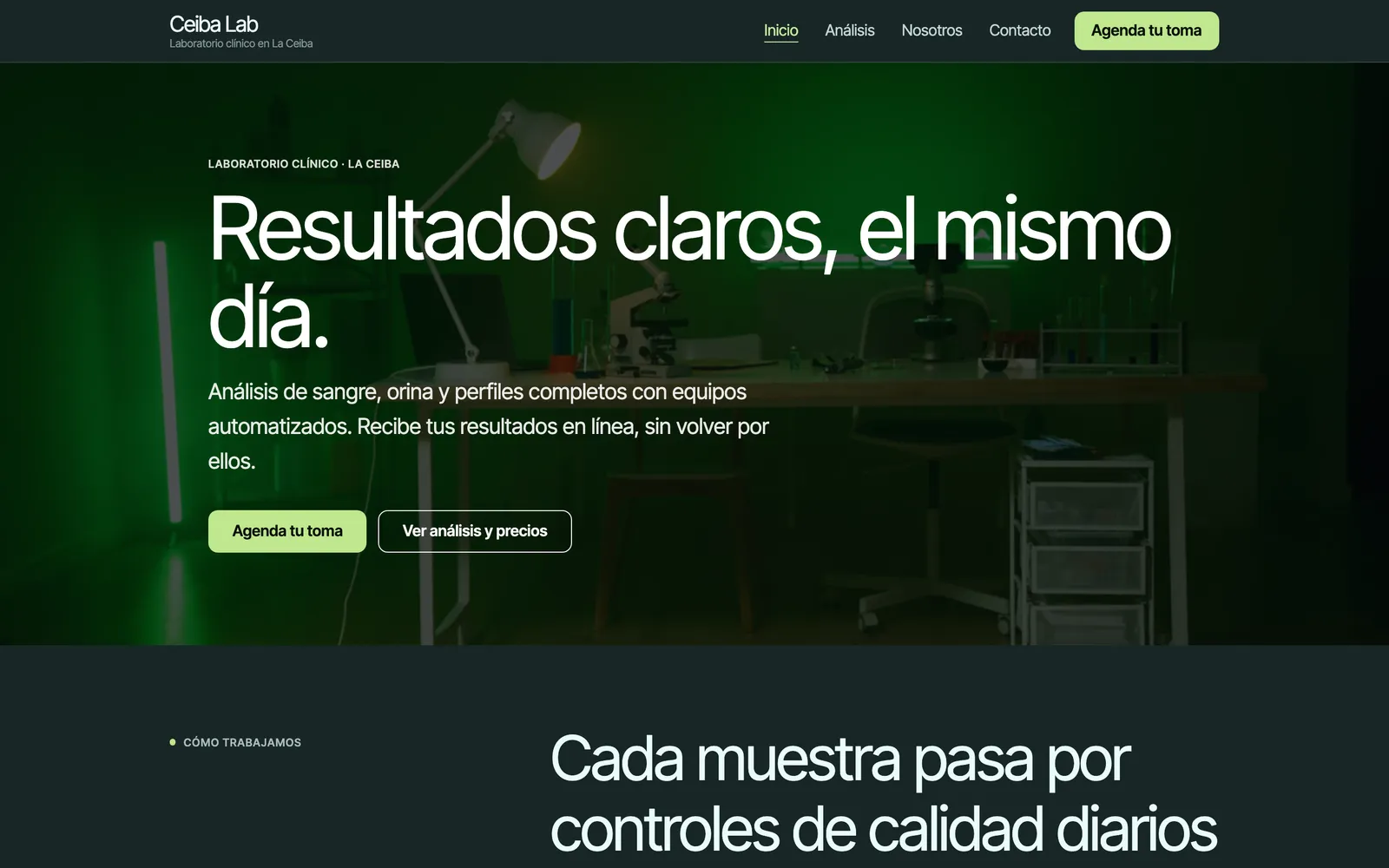 Inicio de Ceiba Lab: hero oscuro a todo el ancho con una foto de microscopía y el titular en letra fina.
