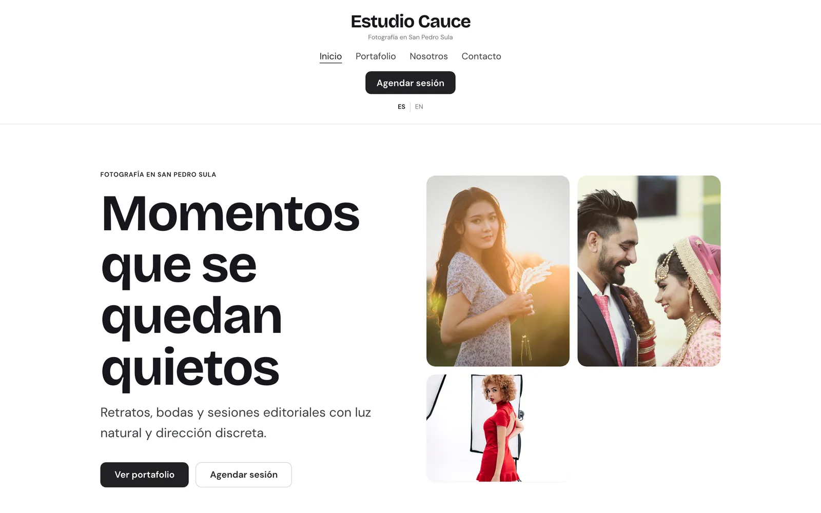 Inicio de Estudio Cauce: hero con mosaico de retratos y el titular «Momentos que se quedan quietos».