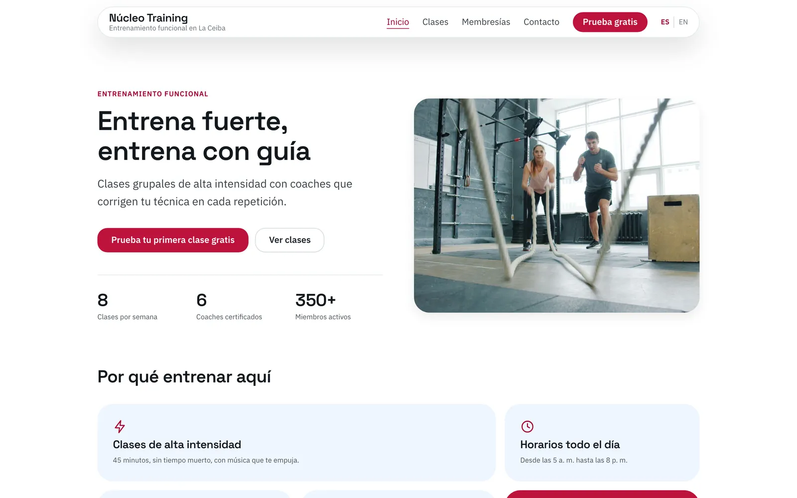 Inicio de Núcleo Training: hero con cifras y el titular «Entrena fuerte, entrena con guía».