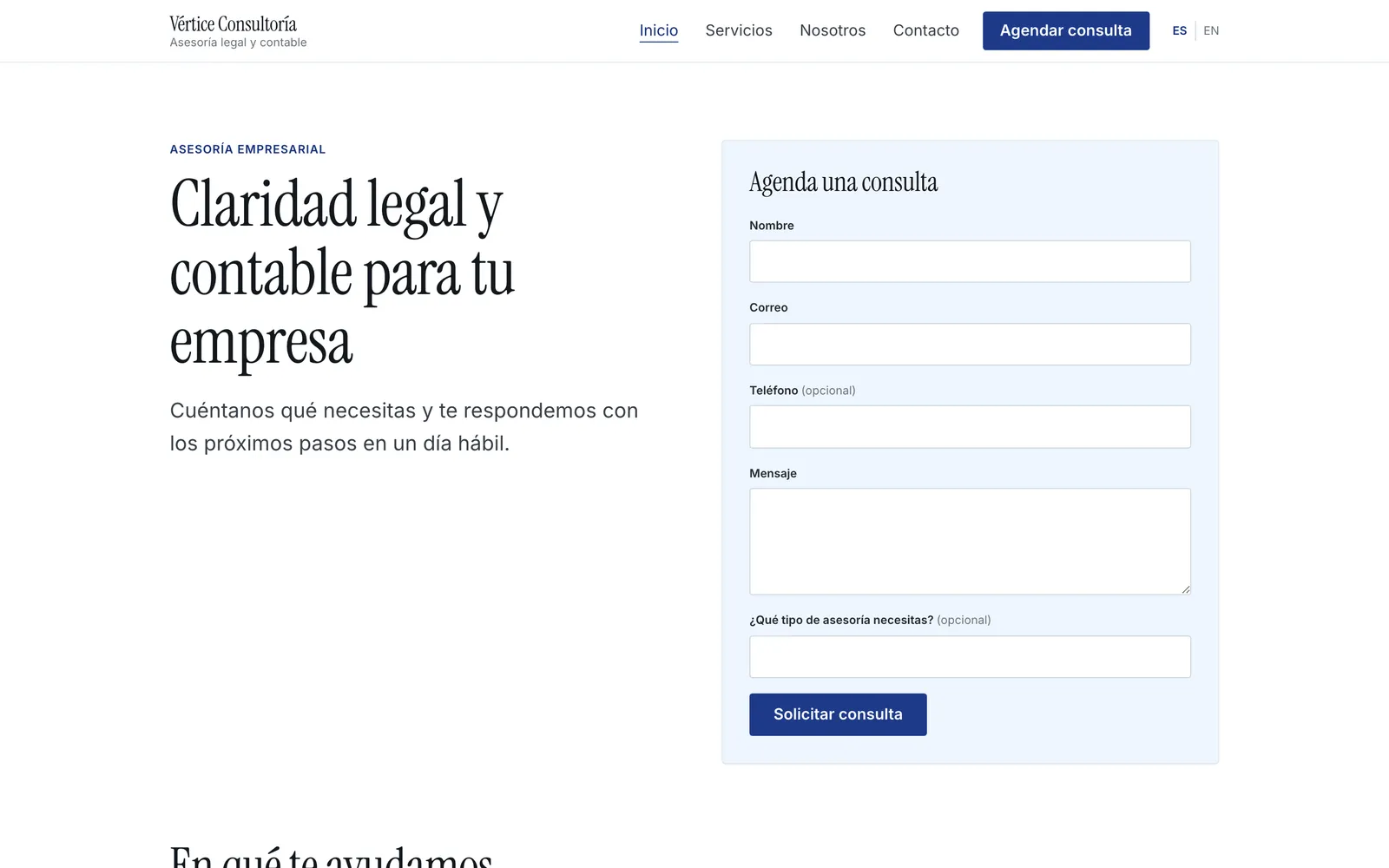 Inicio de Vértice Consultoría: hero con formulario y el titular «Claridad legal y contable para tu empresa».